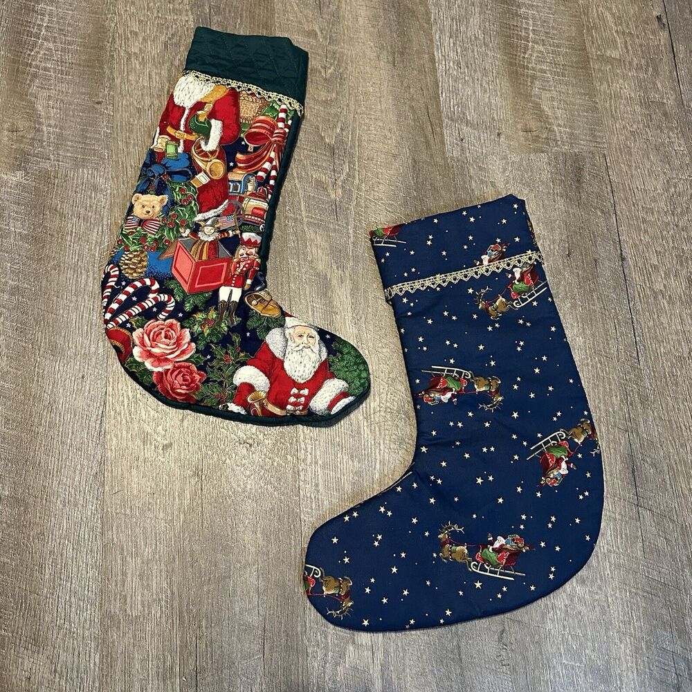 Vintage‎ Handmade OOAK Christmas Stockings Lot Of Two Santa